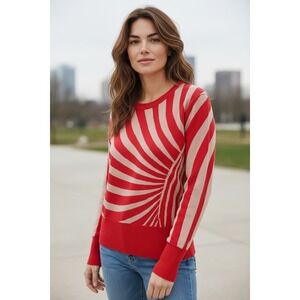 Etcetera Sweater Red Tan Stripe Sunburst Knit Crew Neck Long Sleeve Size S